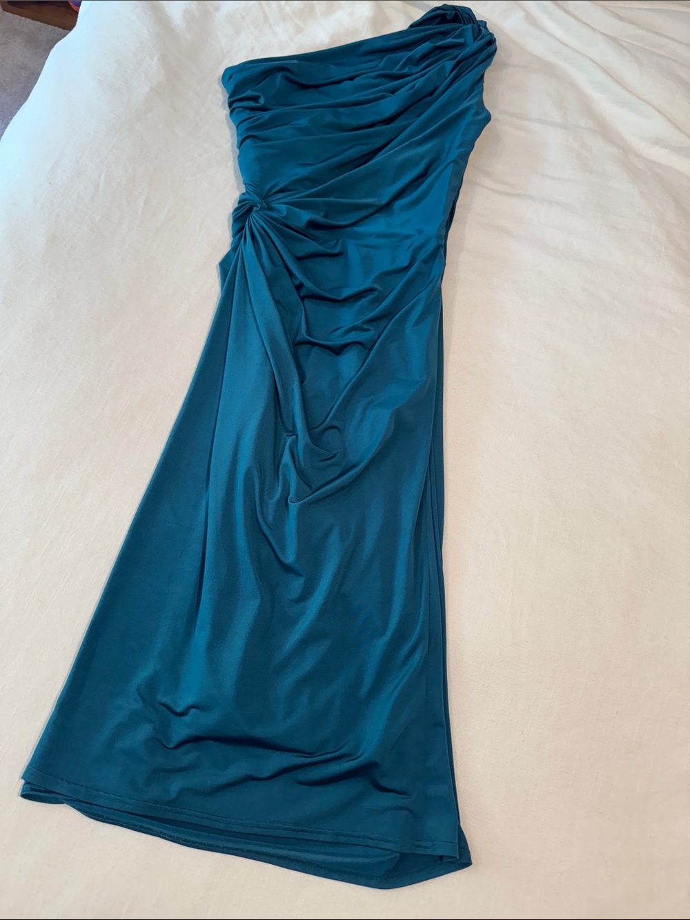Tadashi Shoji Teal One-Shoulder Ruched Evening Gown